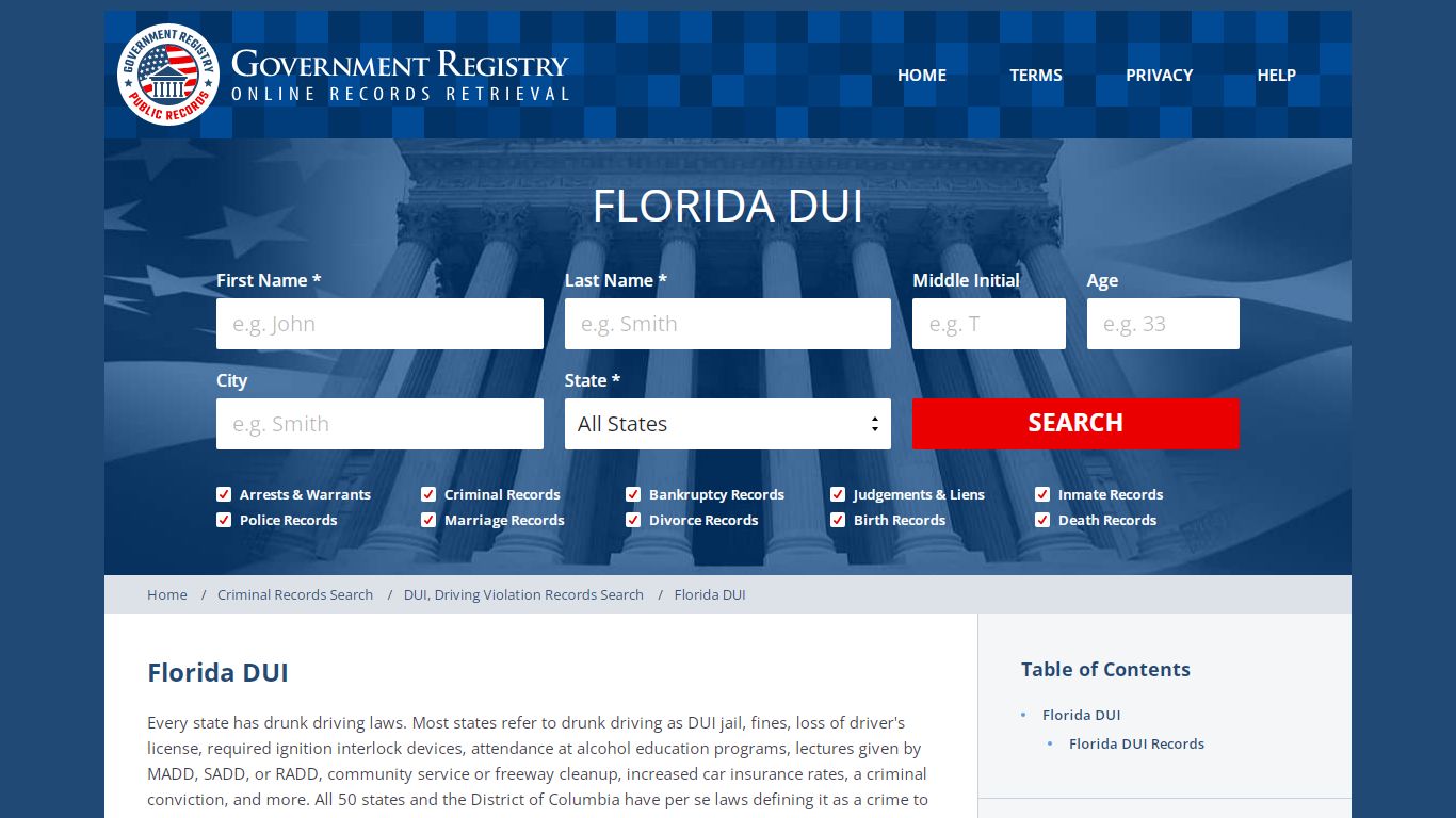 Florida DUI | Florida DUI Records | GovernmentRegistry.org